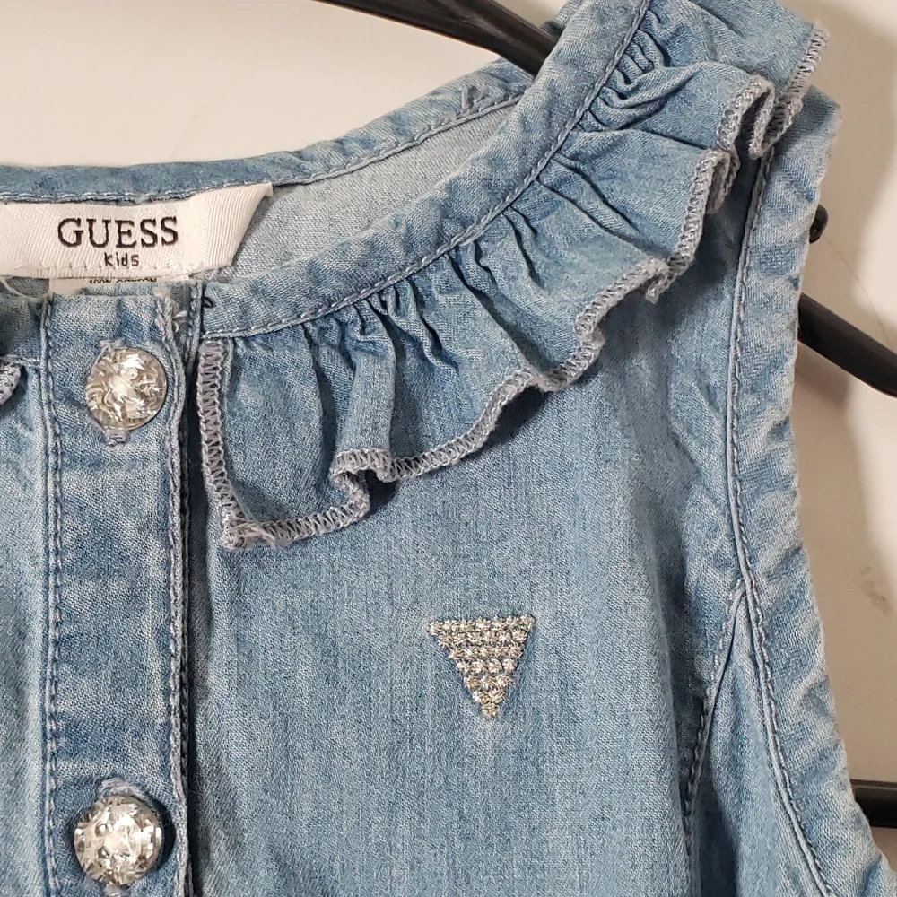 Vintage Guess Kids Denim Ruffles Tiered Bling Rheinstones Sheer Tie Fit Flare Dr